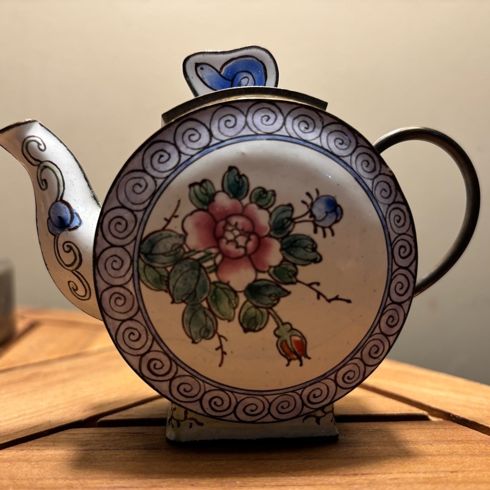 Floral Cloisonné Enameled Teapot Kevin Chen Miniature 2.70”x4”Hand Painted